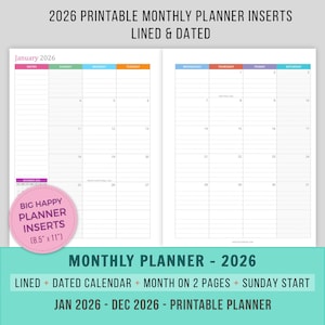 2026 Monthly Planner Inserts Printable, Letter Size, Month on 2 Pages, Lined, Dated, mo2p, Big Happy, 8.5x11, Sunday Start