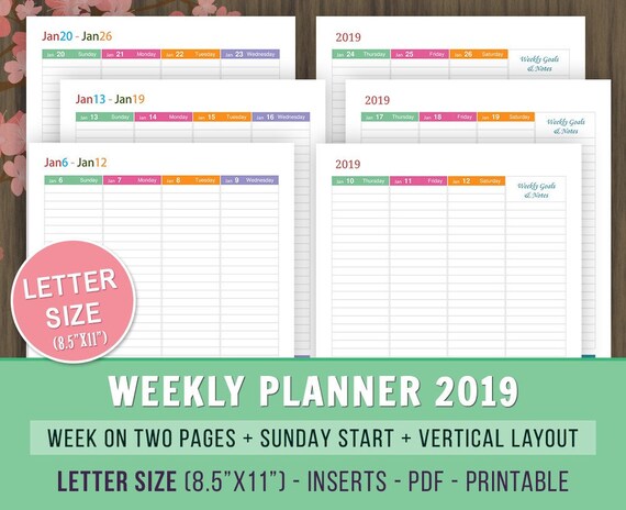 2019 weekly planner inserts sunday start weekly agenda vertical layout printable 2019 planner pages letter size week on 2 pages wo2p sunday start weekly planner