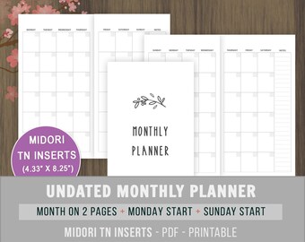 Midori TN Inserts, Undated Monthly Planner Printable, Month on 2 Pages, MO2P, Midori Traveler Notebook, Regular TN, Midori TN, 4.33x8.25