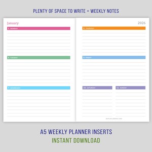 A5 2026 Weekly Planner Inserts, WO2P Inserts, PDF Planner Printable ...