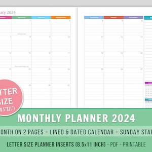 2024 Monthly Planner Inserts, Month on 2 Pages, Lined Dated Monthly Calendar Printable, Letter Size, 8.5x11, MO2P, Sunday Start image 1