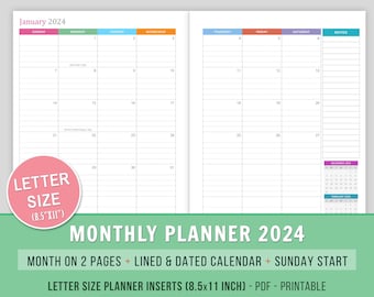 2024 Monthly Planner Inserts, Month on 2 Pages, Lined Dated Monthly Calendar Printable, Letter Size, 8.5x11, MO2P, Sunday Start
