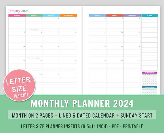 2024 Dated Planner Inserts, Monthly, Monday Start