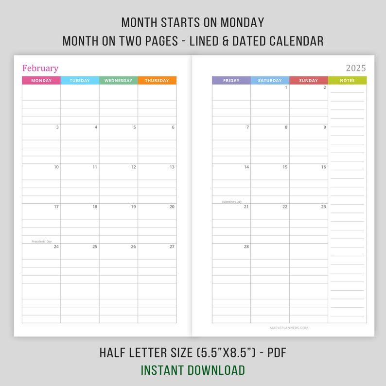 2025 Lined and Dated Monthly Calendar, MO2P Inserts, Planner Printable ...
