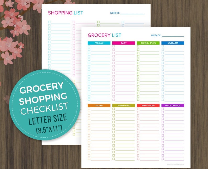 May include: A printable grocery shopping checklist with two pages. The first page has a blank shopping list with the text "SHOPPING LIST" and "WEEK OF:" at the top. The second page has a grocery list with categories for produce, dairy, baking/spices, beverages, frozen, canned food, paper goods, and miscellaneous. The text "GROCERY LIST" and "WEEK OF:" are at the top of the page. The checklist is letter size (8.5" x 11").