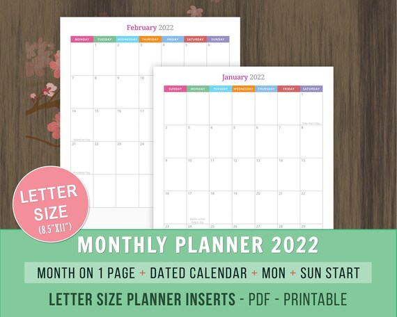 monthly calendar 2022 printable monthly planner 2022 month etsy