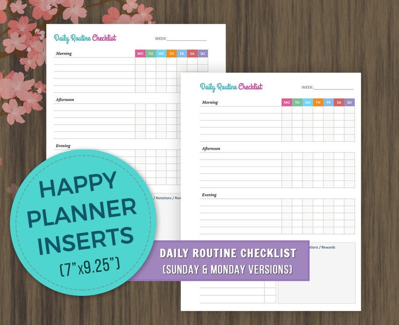 Happy Planner Inserts, Daily Routine Checklist, Morning, Afternoon