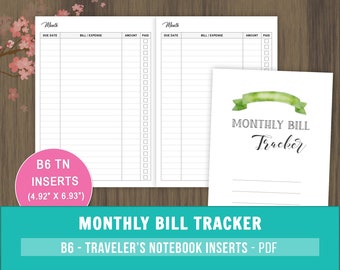 B6 TN Inserts, Monthly Bill Tracker Printable, Monthly Expenses, Finances, Budgeting, Travelers Notebook Inserts, Money Management