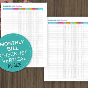 A5 Monthly Bill Checklist, Vertical Finance Checklist, Bill Payments ...