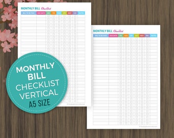 A5 Monthly Bill Checklist, Vertical Finance Checklist, Bill Payments Checklist, Bill Tracker, Personal Finance Organizer, A5 Filofax Inserts