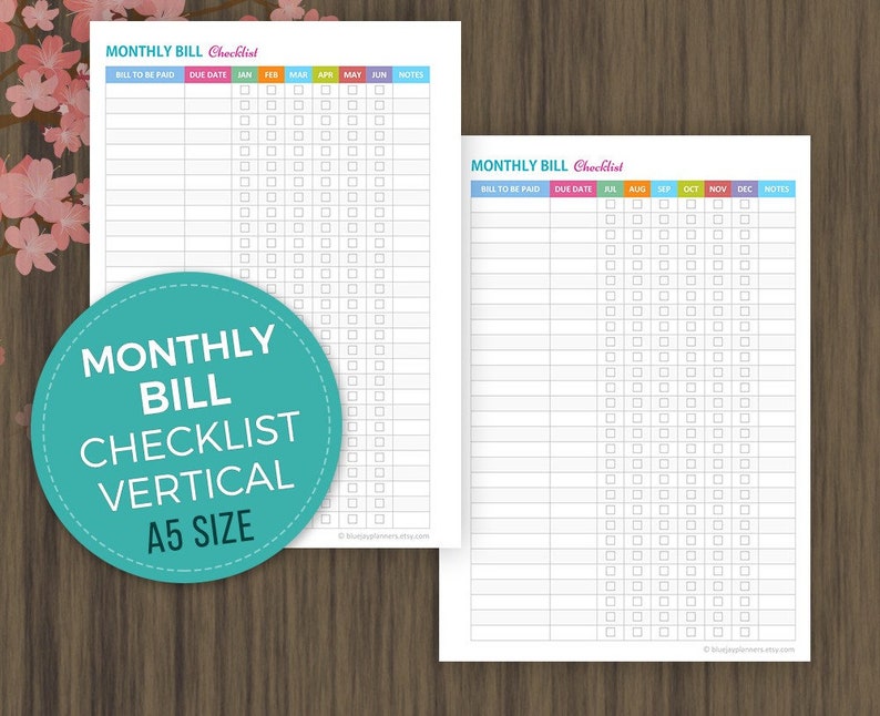 A5 Monthly Bill Checklist, Vertical Finance Checklist, Bill Payments ...