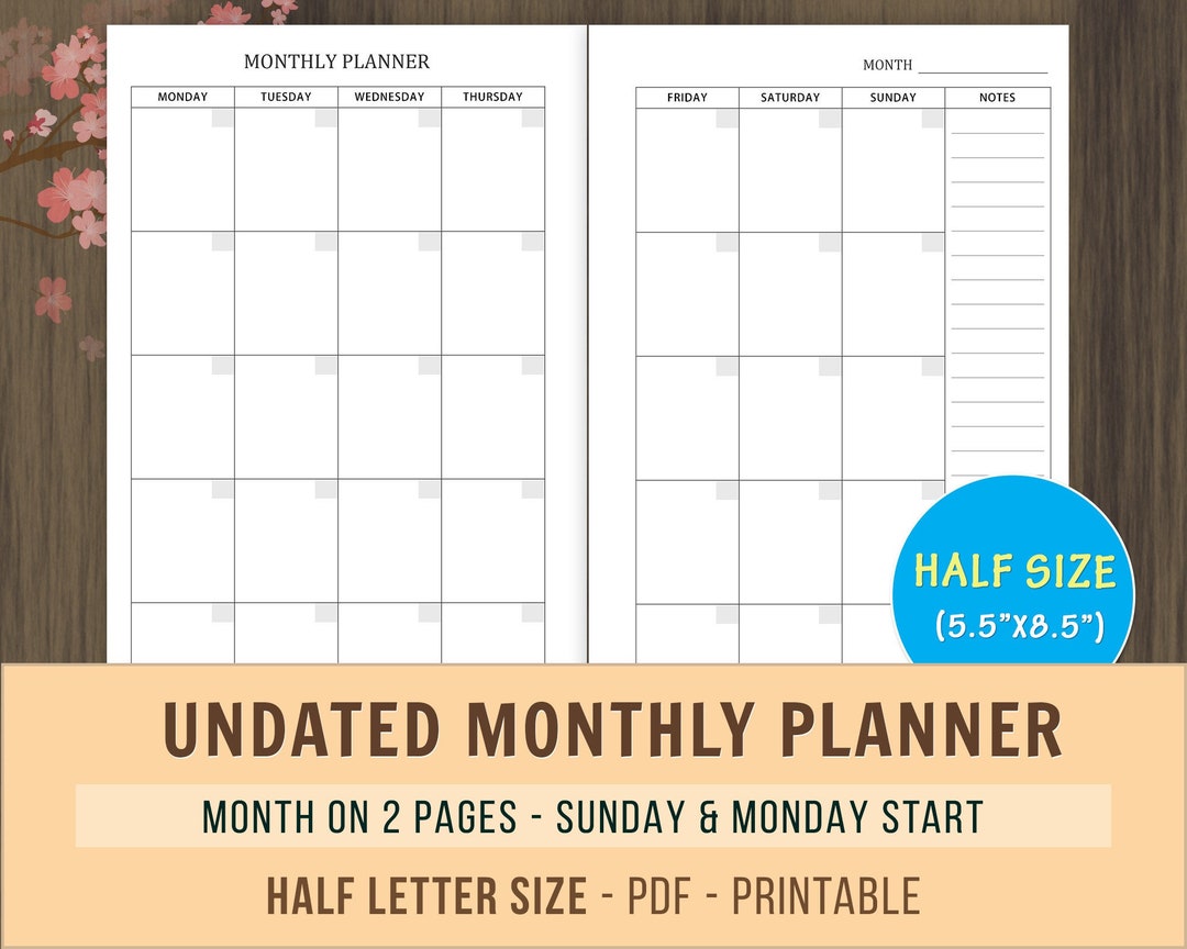 Monthly Planner Inserts Undated Calendar Printable Planner - Etsy