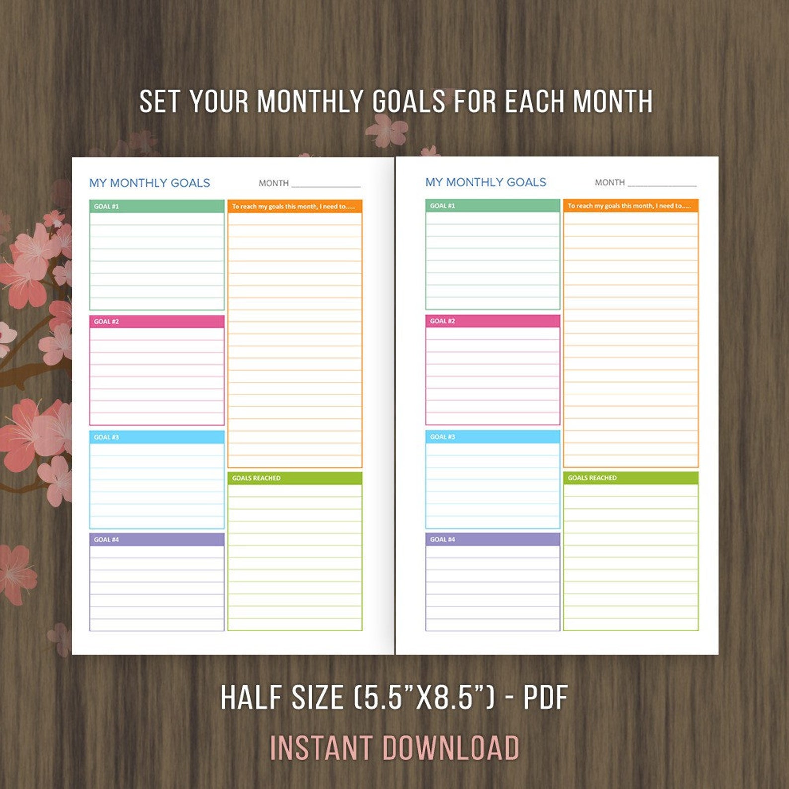 Half Letter Size Planner Inserts, Monthly Goal Tracker, Goal Planner