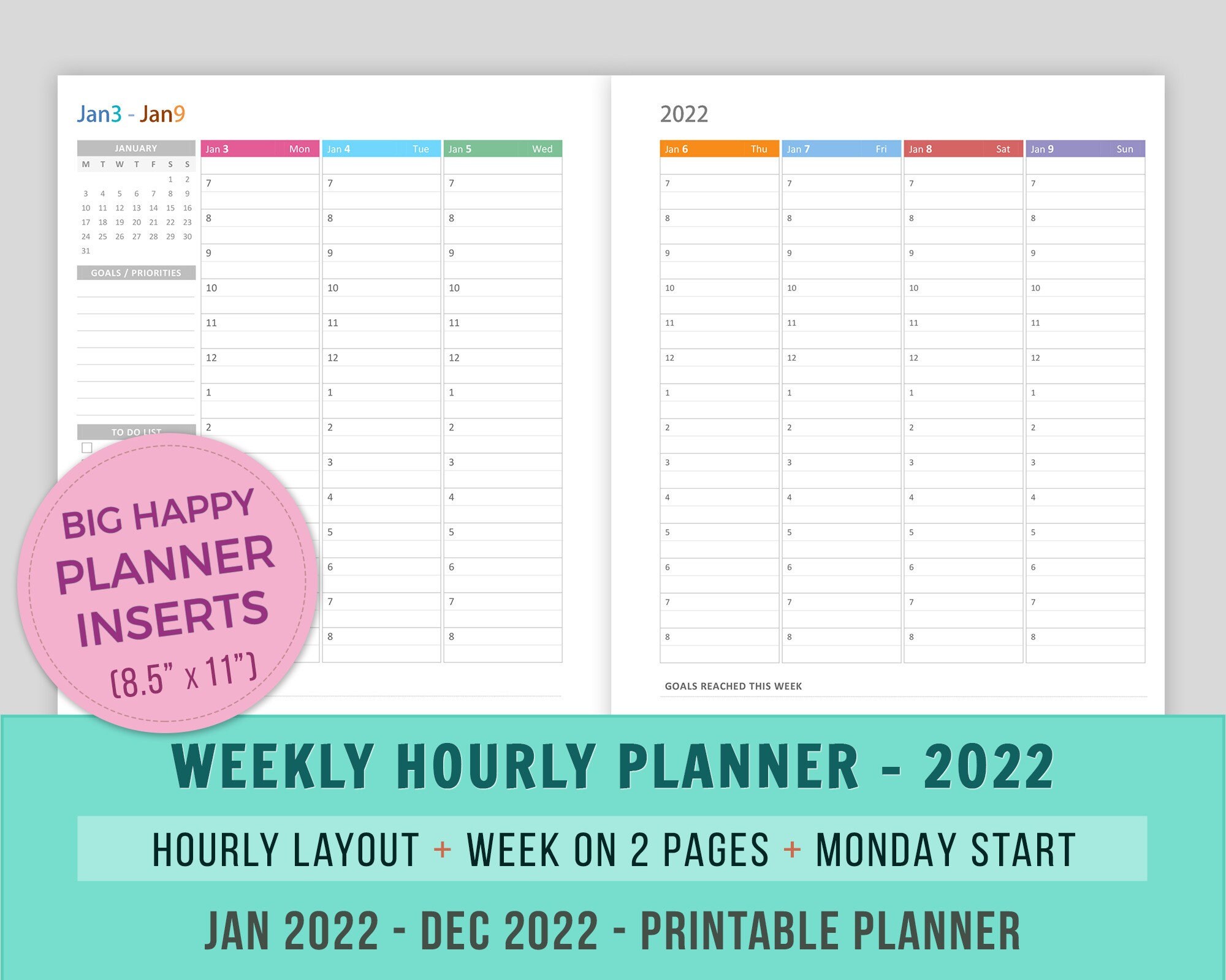 Big Happy Planner Inserts Weekly Hourly Planner 2022 Inserts Etsy