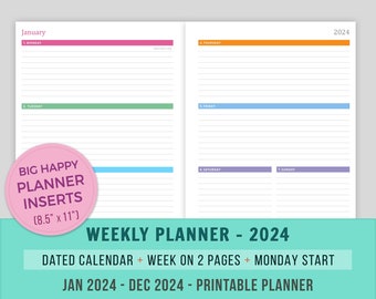 Weekly Planner 2024 Inserts, Printable, Big Happy Planner, Daily Hourly Layout Planner, Weekly Organizer, wo2p, MAMBI, Horizontal Layout