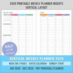 Op de afbeelding: Een afdrukbare wekelijkse planner-invoeging voor 2026 met een verticale lay-out. De planner bevat een dubbele pagina met een gedateerde kalender, zondag start en een takenlijst. Half letter formaat (14 cm x 22 cm).