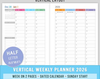 Planificateur hebdomadaire vertical 2026 encarts, encarts WO2P, agenda PDF imprimable, début du dimanche, encarts demi-taille, Junior Arc, relié, 5,5 x 8,5