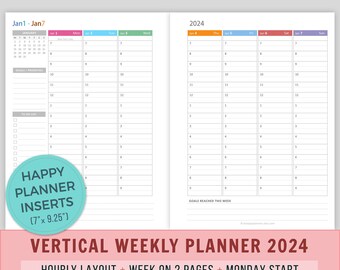 Hourly Weekly Planner 2024 Inserts, Printable Weekly Agenda, Vertical Layout, Happy Planner, Week on 2 Pages, Monday Start, 7x9.25