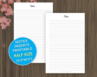 Lined Notes Inserts, Half Size Planner, Printable, Journal, Refills, Filofax Refill, Printed Notes Pages, Kikki K, Half Letter Size, pdf