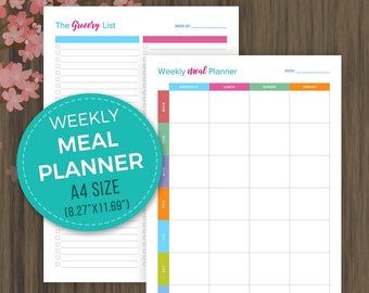 A4 Weekly Meal Planner, Printable Weekly Menu Planner, Grocery List, Shopping List, Menu Plan, A4 Size, 8.27x11.69, pdf, Instant Download