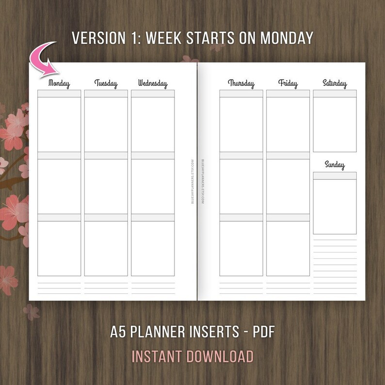 A5 Weekly Box Planner, Printable Inserts, Undated Week on 2 Pages, Wo2p