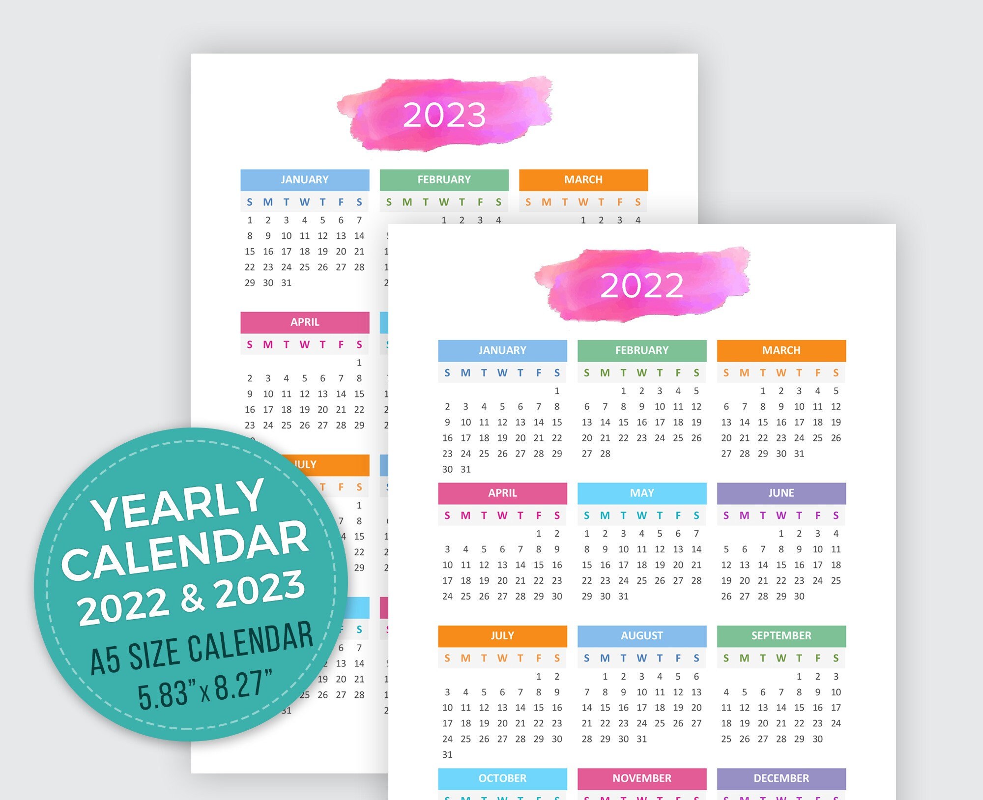 A5 Printable Calendar 2022 2023 Desktop Calendar Landscape | Etsy