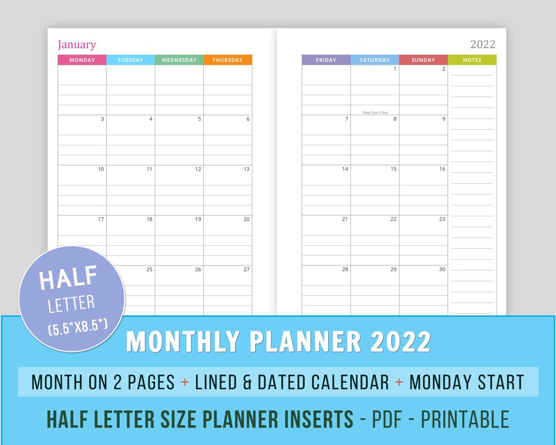 lined and dated monthly calendar 2022 mo2p inserts planner etsy