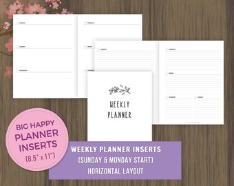 Big Happy Planner Inserts, Undated Weekly Planner Inserts Printable, Week on 2 Pages, Weekly Organizer, WO2P, MAMBI Inserts, 8.5x11, pdf