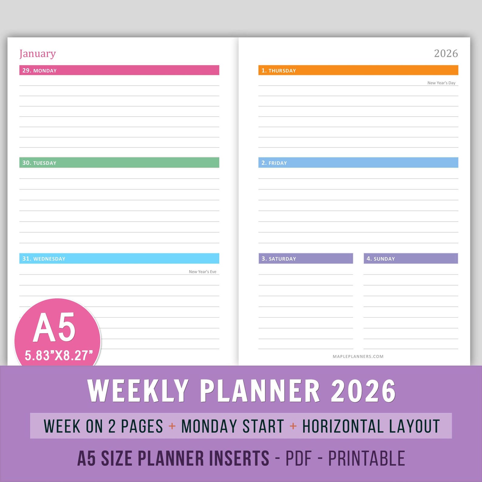 A5 2026 Weekly Planner Inserts, WO2P Inserts, PDF Planner Printable ...