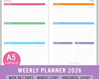 Inserti per planner settimanale A5 2026, inserti WO2P, planner PDF stampabile, inizio lunedì, layout orizzontale, 5,83x8,27, pagine per planner settimanale