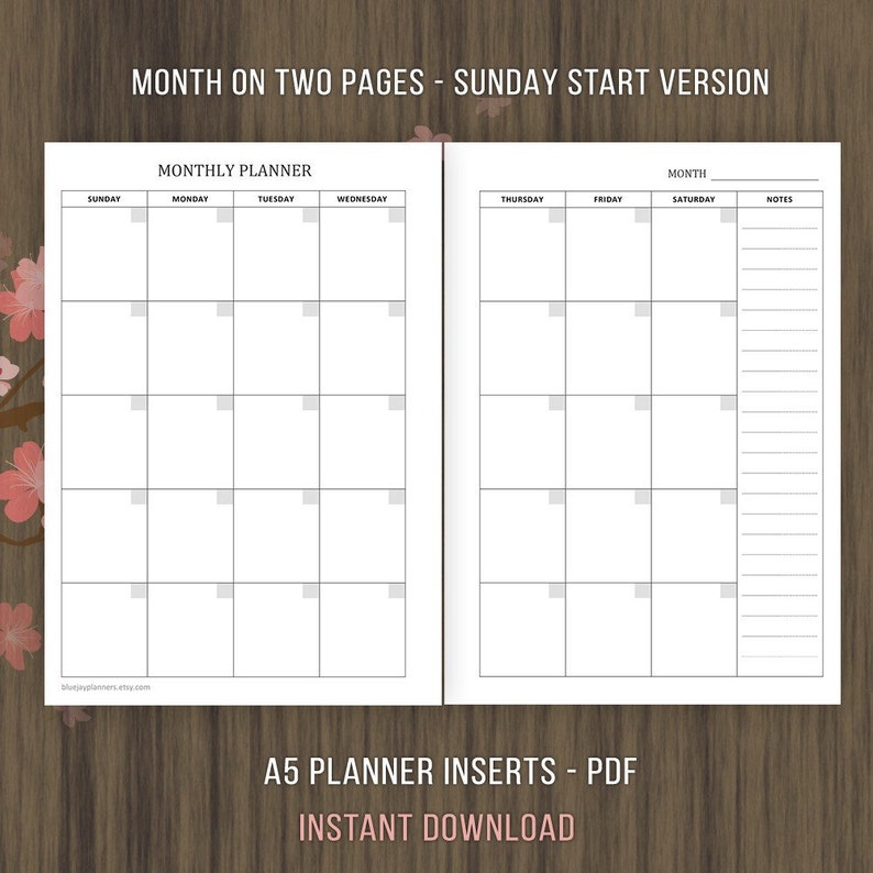 A5 Monthly Planner Inserts, Undated Calendar, Printable Planner, A5 ...