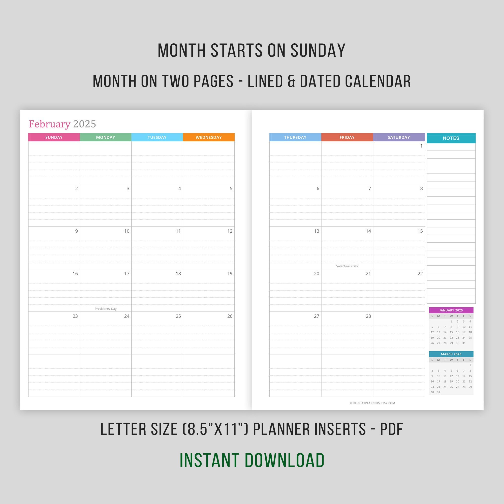 2025 Monthly Planner Inserts, Month on 2 Pages, Lined Dated Monthly