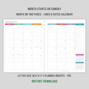 2024 Monthly Planner Inserts, Month on 2 Pages, Lined Dated Monthly Calendar Printable, Letter Size, 8.5x11, MO2P, Sunday Start image 2