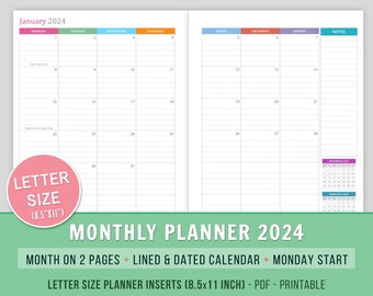 2024 Monthly Planner Inserts Printable, Month on 2 Pages, MO2P Inserts, Lined Dated Monthly Calendar, Letter Size Inserts, Monday Start