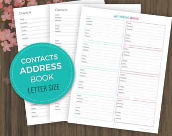 Página de contacto imprimible, páginas de la libreta de direcciones, inserciones de Filofax, páginas del planificador, números de teléfono, contactos comerciales, tamaño carta, 8,5"x11", pdf