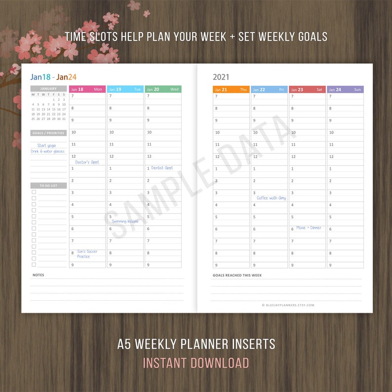 A5 Planner Inserts Weekly Hourly Planner 2021 Printable Etsy