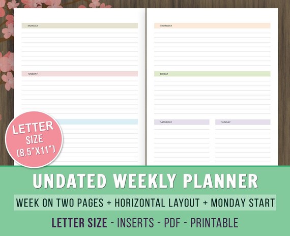 Undated Weekly Planner, Inserts Refills, Week on 2 Pages, WO2P, Undated Weekly  Calendar Printable, 8.5x11, Horizontal Layout, Discbound - Etsy