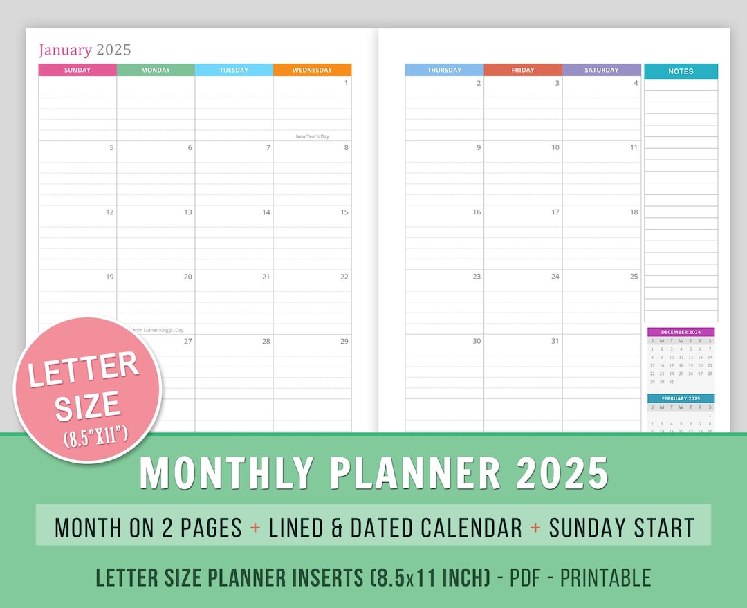 2025 Monthly Planner Inserts, Month on 2 Pages, Lined Dated Monthly