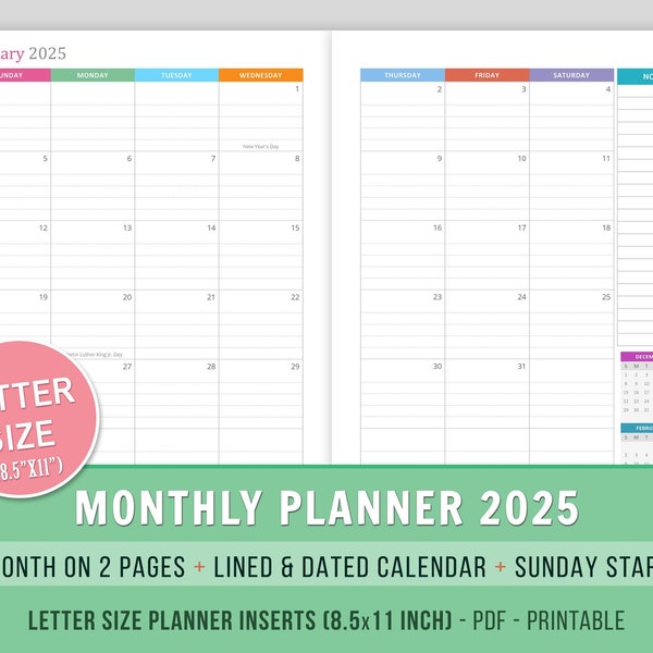 2025 Monthly Planner Inserts, Month on 2 Pages, Lined Dated Monthly Calendar Printable, Letter Size, 8.5x11, MO2P, Sunday Start