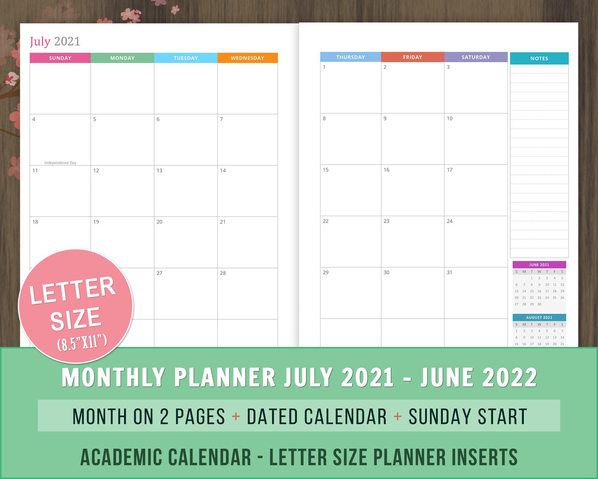 July 2021 June 2022 Academic Monthly Planner Inserts | Etsy