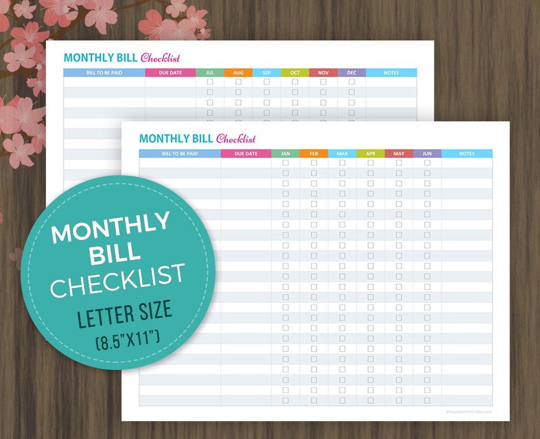 Monthly Bill Checklist, Finance Checklist, Bill Payments Checklist ...