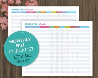 Monthly Bill Checklist, Finance Checklist, Bill Payments Checklist, Bill Tracker, Personal Finance Organizer, Letter Size, pdf, 8.5"x11"