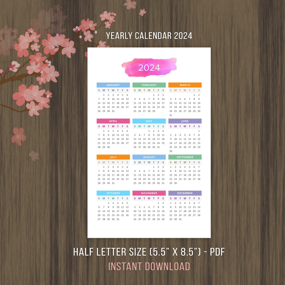 Printable Calendar 2023 2024 Desktop Calendar Yearly Wall Etsy