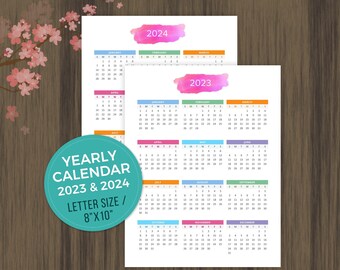 Planner Printable Calendar 2023, 2024 Desktop Calendar, Wall Calendar, Year at a Glance, Yearly Planner, Yearly Organizer, Letter Size, 8x10