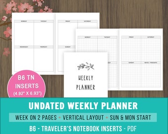 B6 Travelers Notebook, Weekly Planner Inserts, Undated Weekly Calendar Printable, Week on 2 Pages, WO2P Refill, B6 TN Inserts, Weekly Agenda