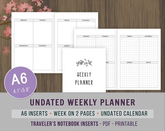 A6 TN Inserts, Undated Weekly Planner Insert, Week on 2 Pages, WO2P, Vertical Format, Undated Weekly Calendar Printable, Grid Bullet Journal