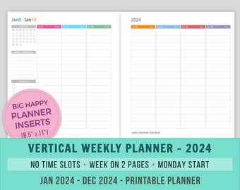 Vertical Weekly Planner 2024 Printable, Big Happy Planner Inserts, Week on 2 Pages, No Time Slots, WO2P, MAMBI Inserts, Monday Start