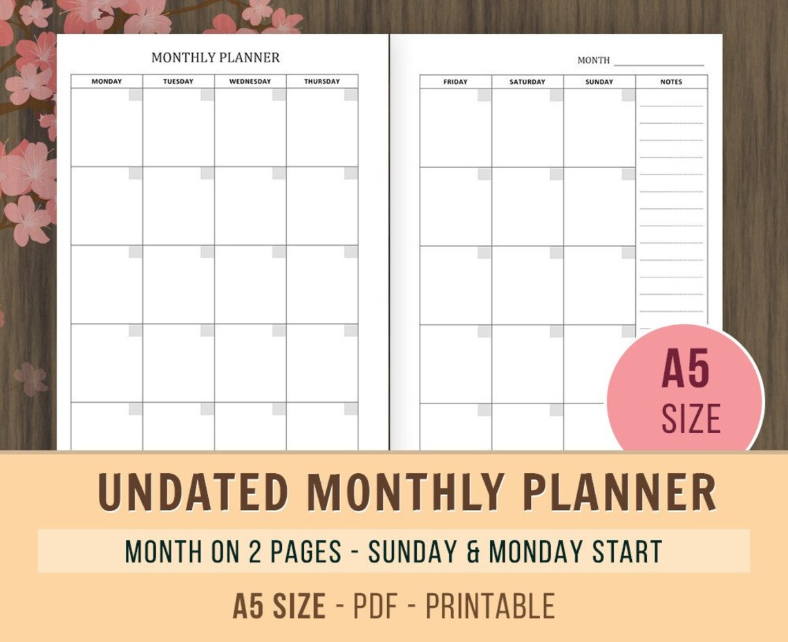 A5 Monthly Planner Inserts, Undated Calendar, Printable Planner, A5 ...