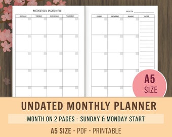 A5 Monthly Planner Inserts, Undated Calendar, Printable Planner, A5 Filofax Inserts, Kikki K, Month on 2 Pages, Monthly Goals, To Do List