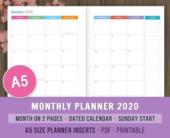 2020 Monthly Planner Inserts Dated Monthly Calendar A5 Etsy